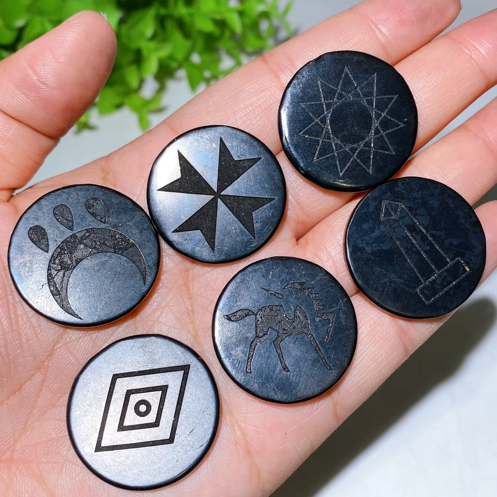 30mm Schungite Round Slab with Double Sides Tape Crystal Healing Bulk Wholesale