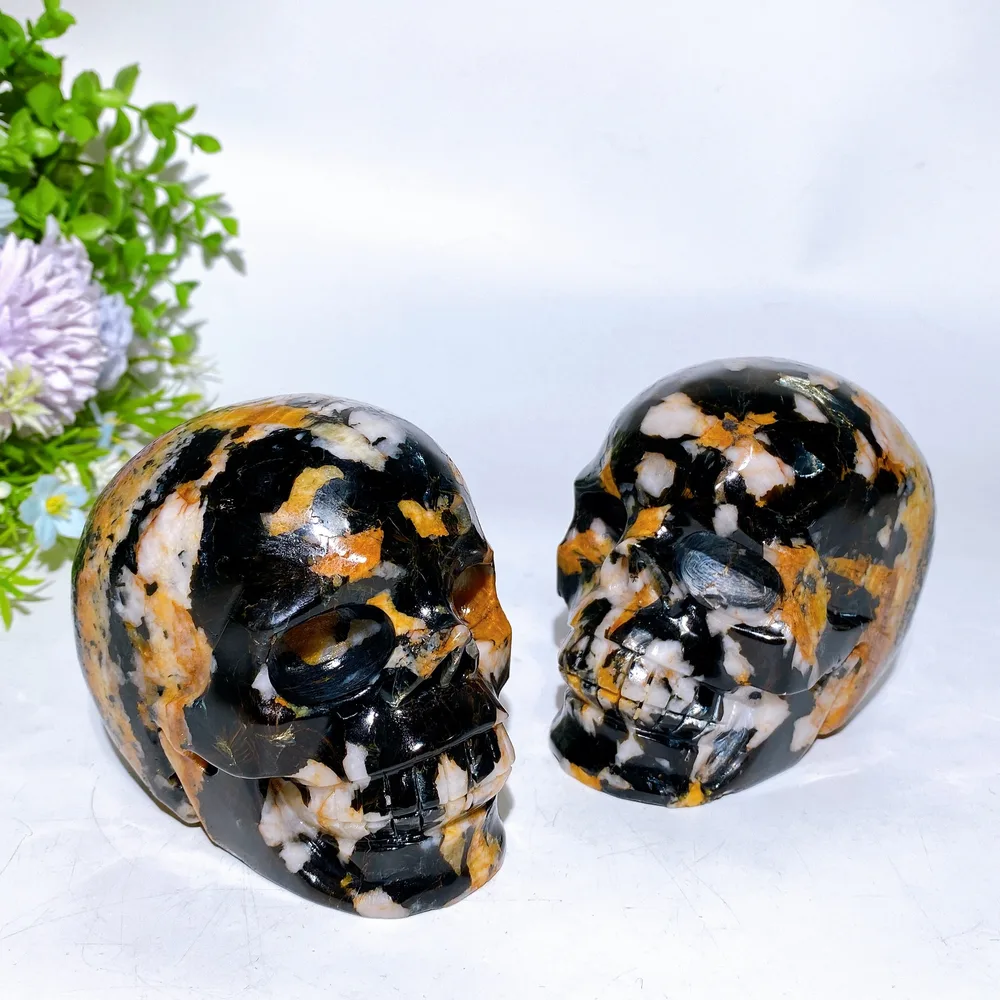 4.0" Black Mica Grow with Golden Healer Skull Carving Crystal Healing Bulk Wholesale