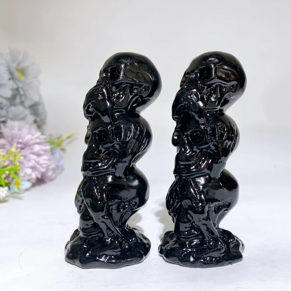 4.1" Black Obsidian Three-no Skulls Carving Crystal Healing Bulk Wholesale