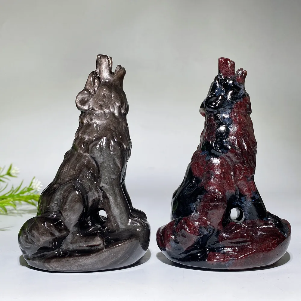 4.5" Silver Obsidian Garnet Wolf Carving Crystal Healing Bulk Wholesale