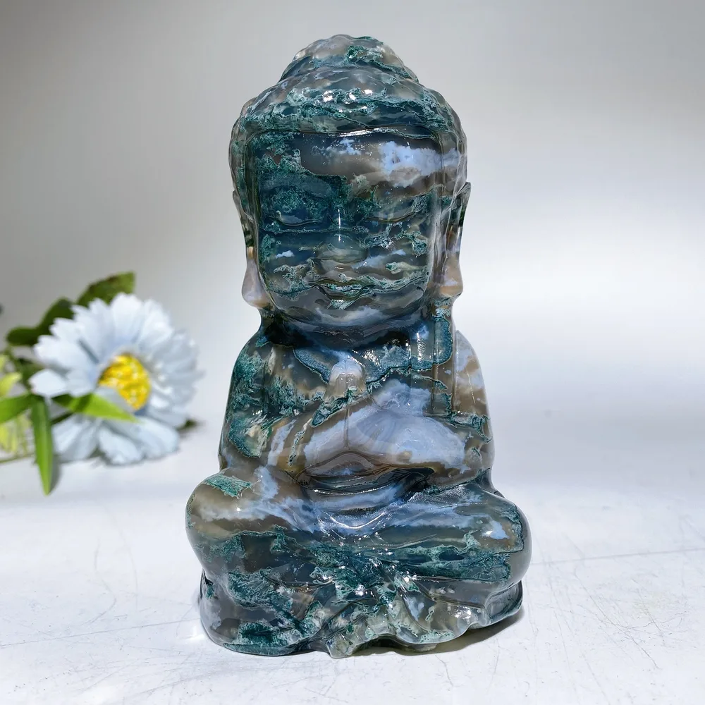 4.7" Moss Agate Buddha Carving Crystal Healing Bulk Wholesale