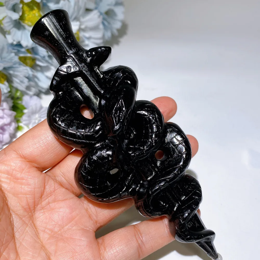 5.7" Black Obsidian Snake Sword Carving Crystal Healing Bulk Wholesale