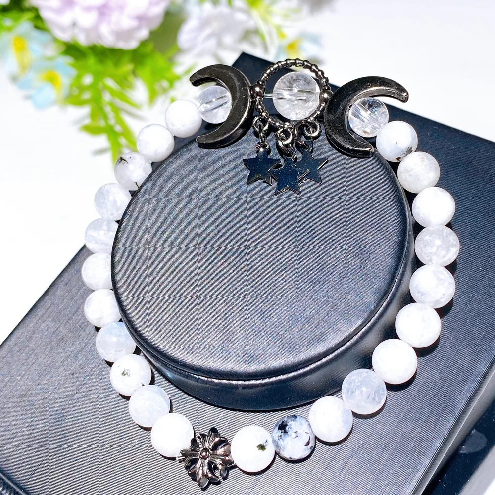 6mm Rainbow Moonstone with Clear Quartz Planet Bracelet Crystal Healing Bulk Wholesale