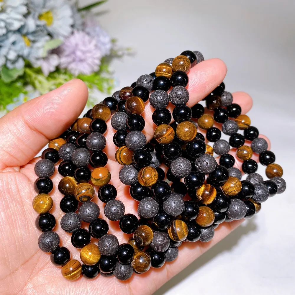 8mm Lava Stone Yellow Tiger's Eye Black Obsidian Mixed Crystal Bracelet Crystal Healing Bulk Wholesale