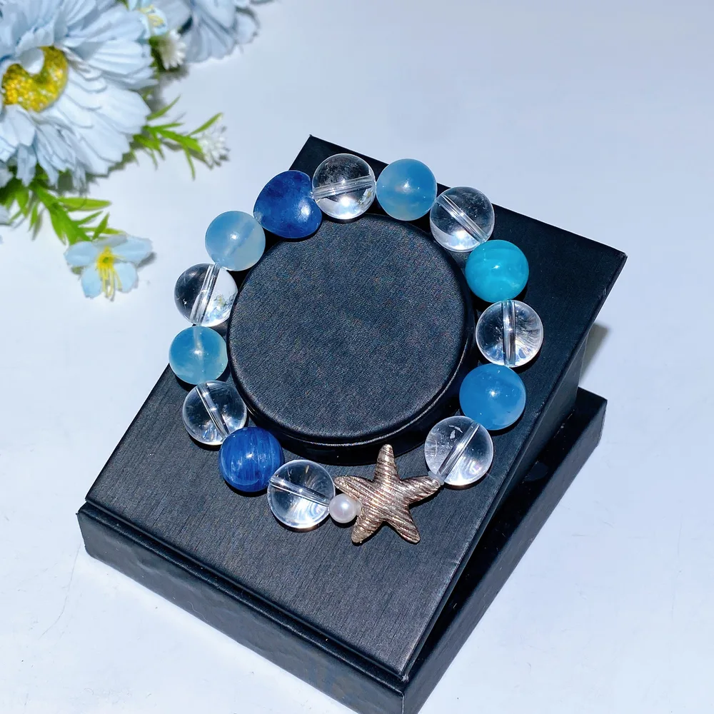 925 Silver Starfish 12mm Kyanite Aquamarine Clear Quartz Bracelet Crystal Healing Bulk Wholesale