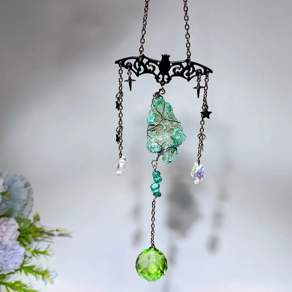Black Obsidian Point Raw Malachite Suncatcher with Metal Bat Decor Crystal Healing Bulk Wholesale