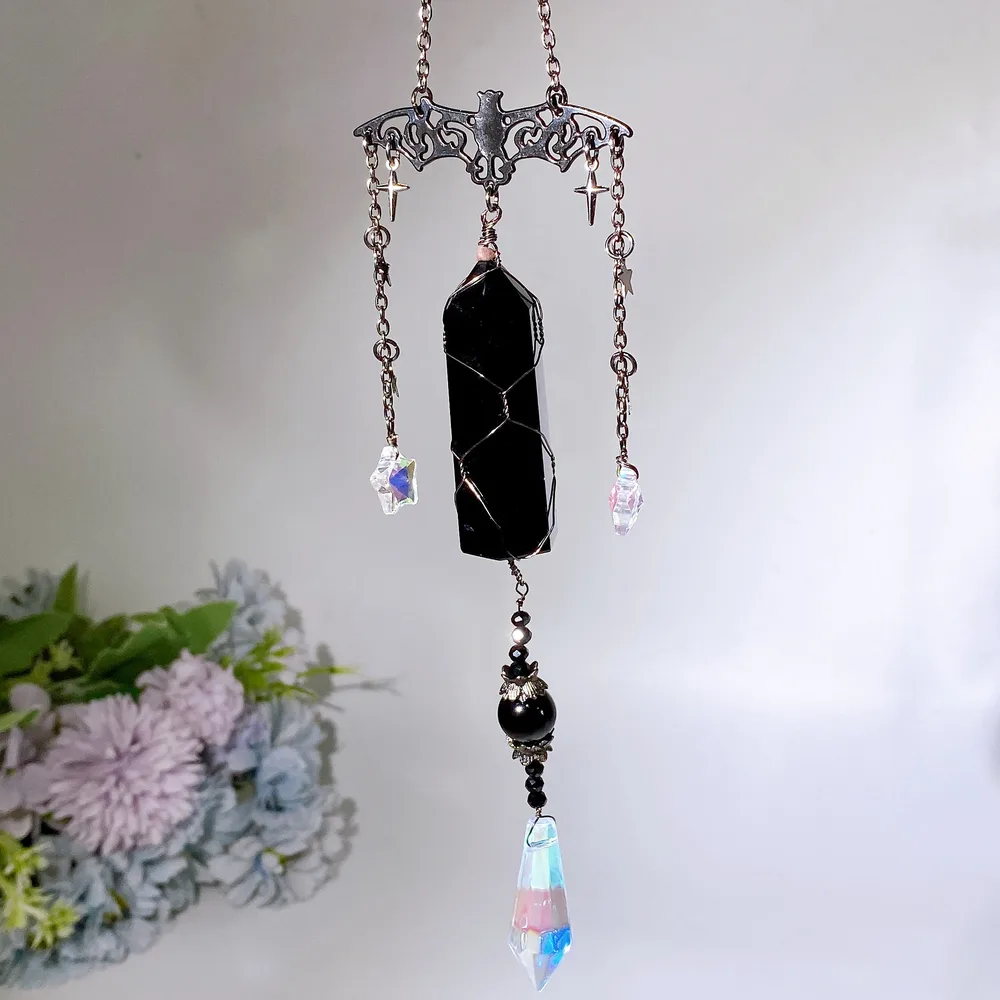 Black Obsidian Point with Bat Decor Suncatcher Crystal Healing Bulk Wholesale