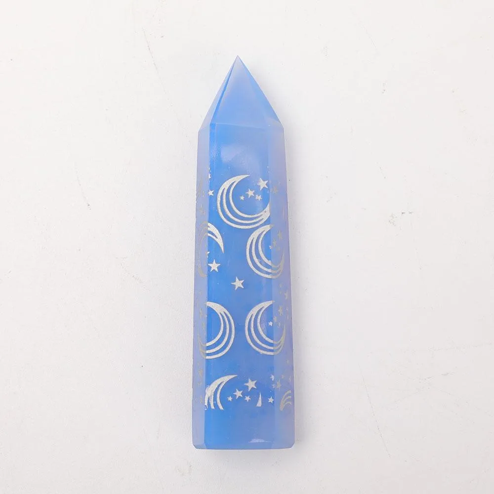 Blue Opalite Towers Points Bulk with Laser Engraved Pattern Best Crystal Wholesalers