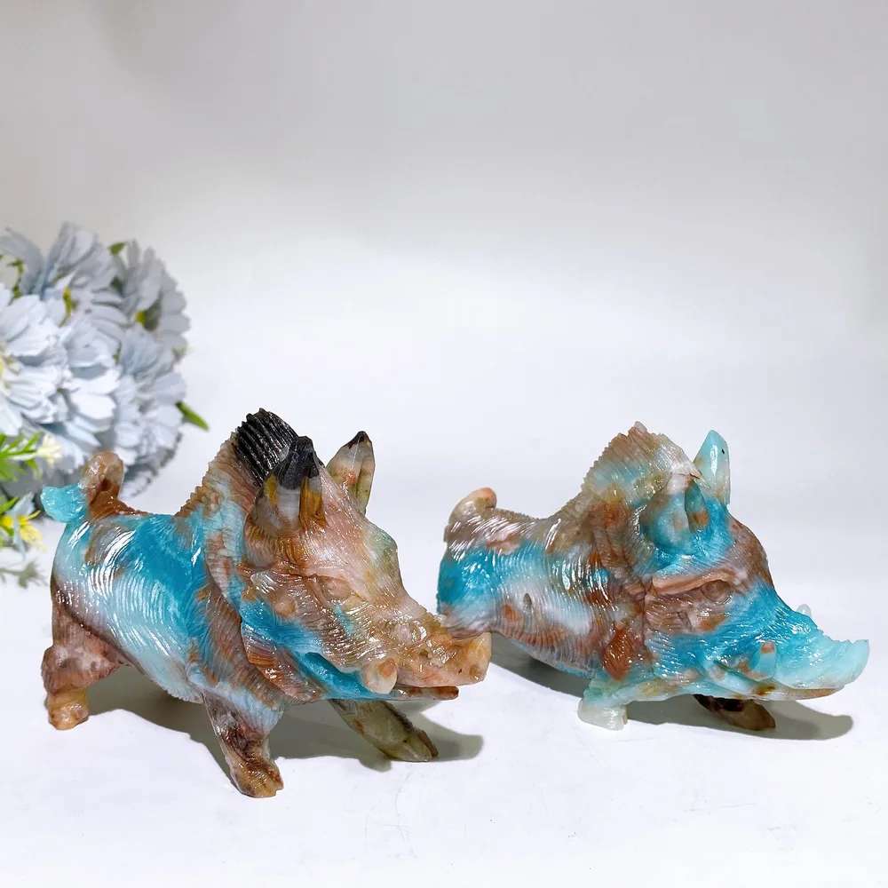 Caribbean Calcite Sky Blue Wild Boar Family Carving Crystal Healing Bulk Wholesale