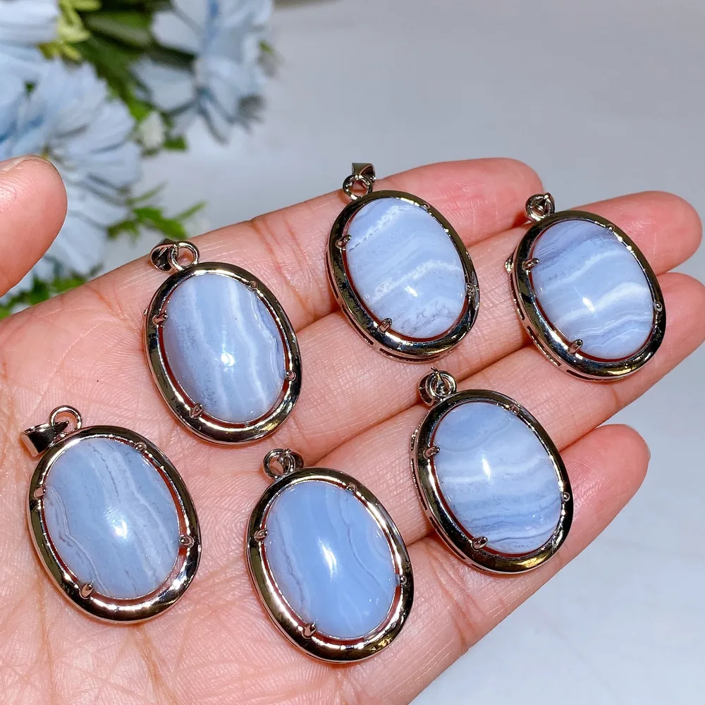 Cooper Silver Plated Blue Lace Agate Oval Pendant Crystal Healing Bulk Wholesale