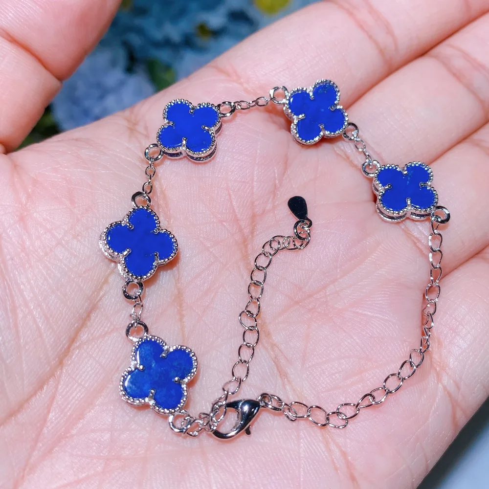 Cooper Silver Plated Lapis Four Leaf Clover Bracelet Crystal Healing Bulk Wholesale