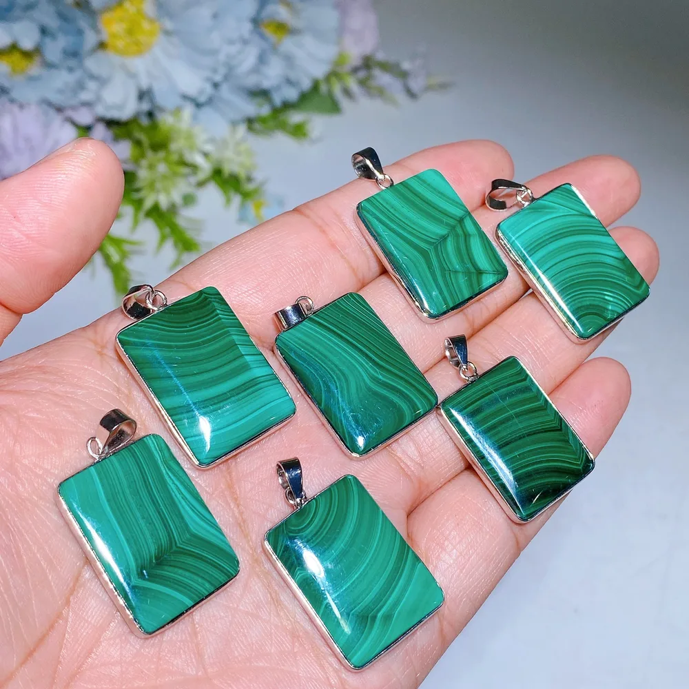 Cooper Silver Plated Malachite Rectangle Pendant Crystal Healing Bulk Wholesale