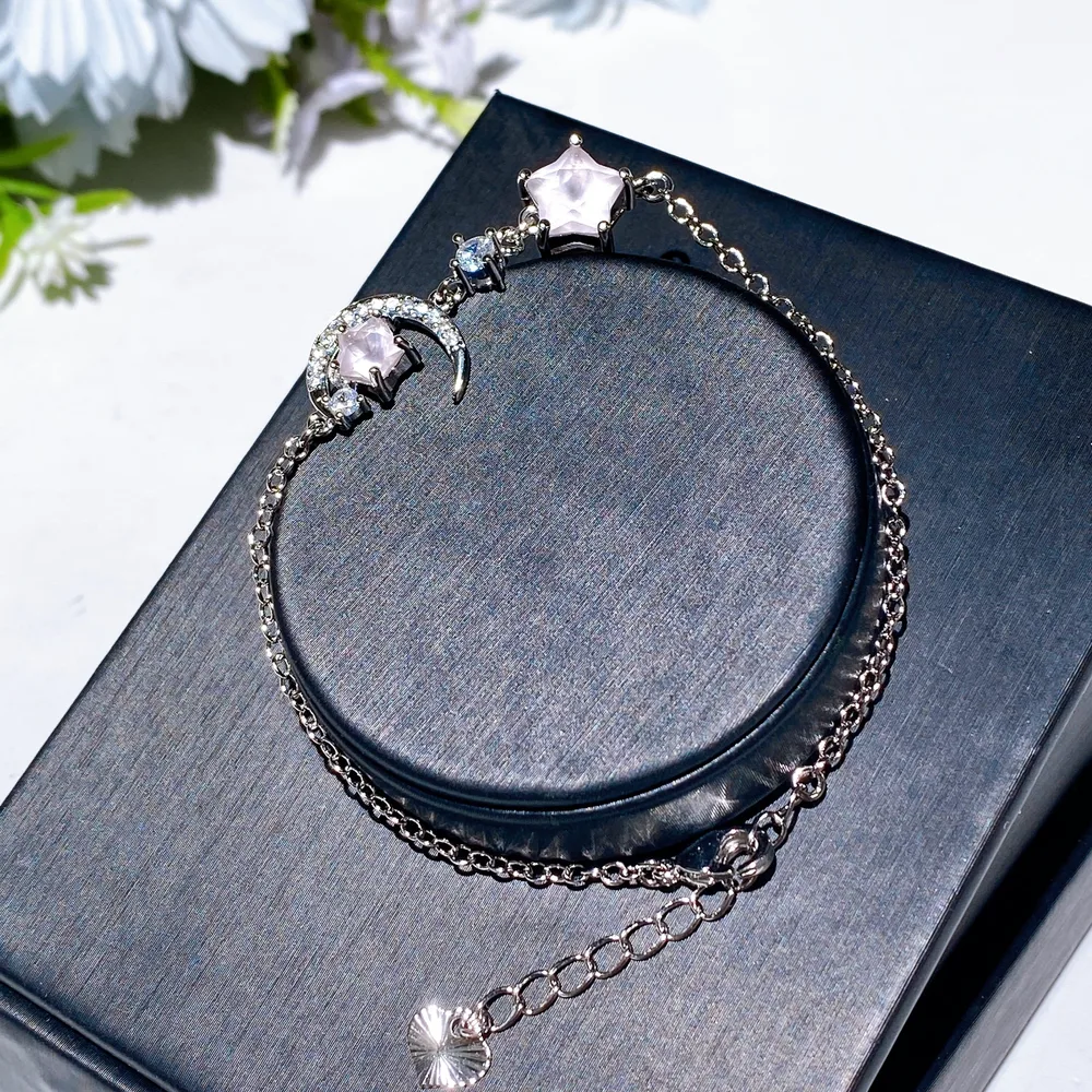 Cooper Silver Plated Rose Quartz Moon & Star Bracelet Crystal Healing Bulk Wholesale