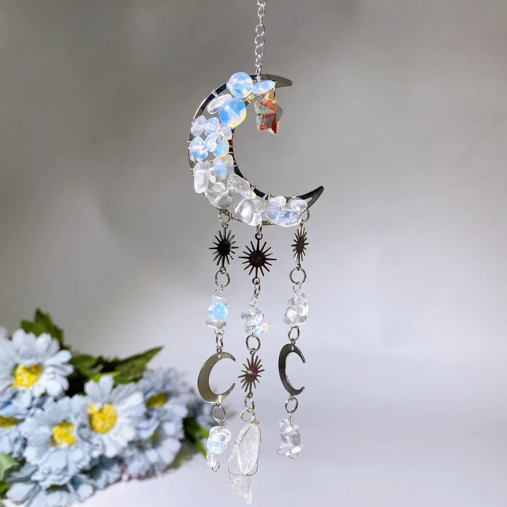 Crystal Chips Moon Shape Suncatcher Hanging Ornament Crystal Healing Bulk Wholesale