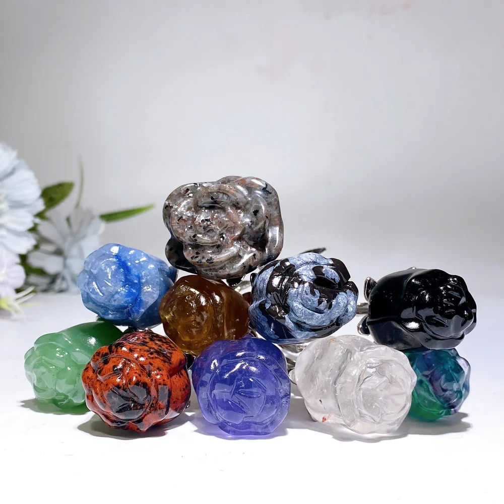 Crystal Rose Flower Carving with Silver Metal Steam Crystal Healing Bulk Wholesale