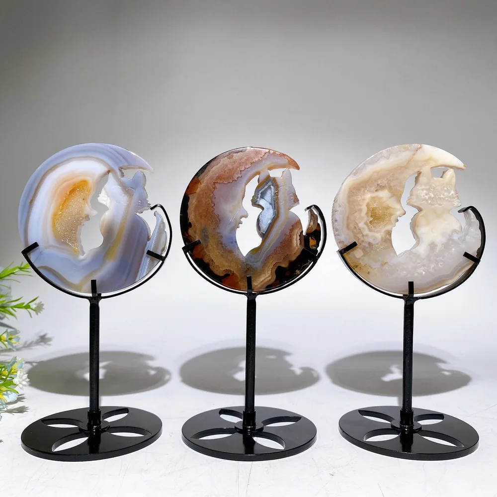 Druzy Agate Cat Moon Face Carving with Stand Crystal Healing Bulk Wholesale