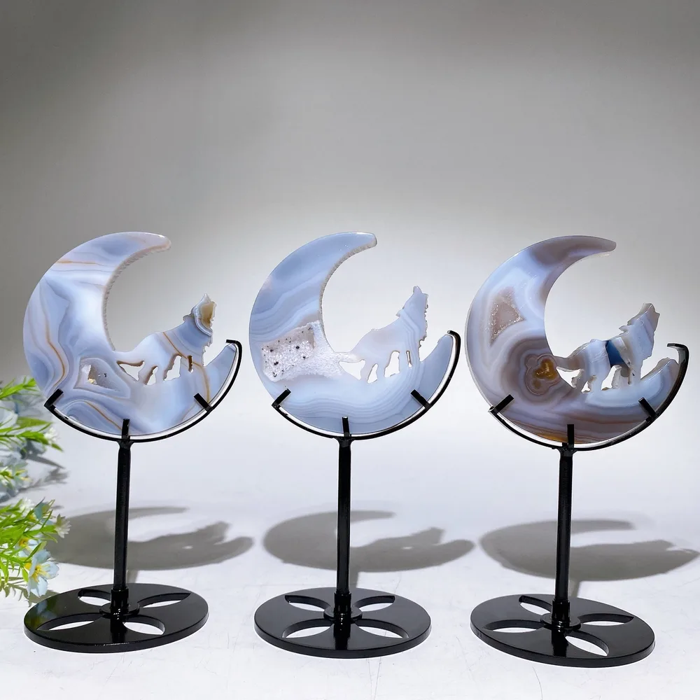 Druzy Agate Wolf on Moon Carving with Stand Crystal Healing Bulk Wholesale