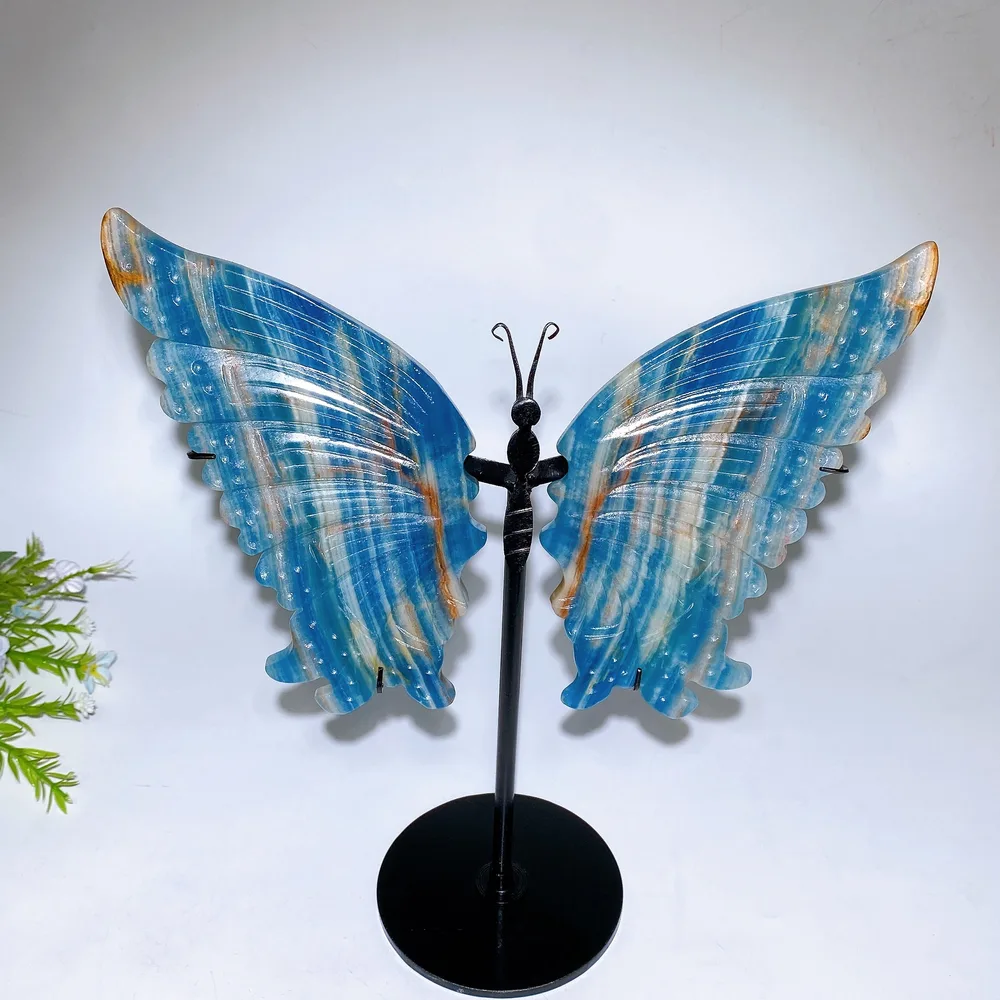 Large Unique Blue Onyx Butterfly Wings Carving with Stand Crystal Healing Bulk Wholesale