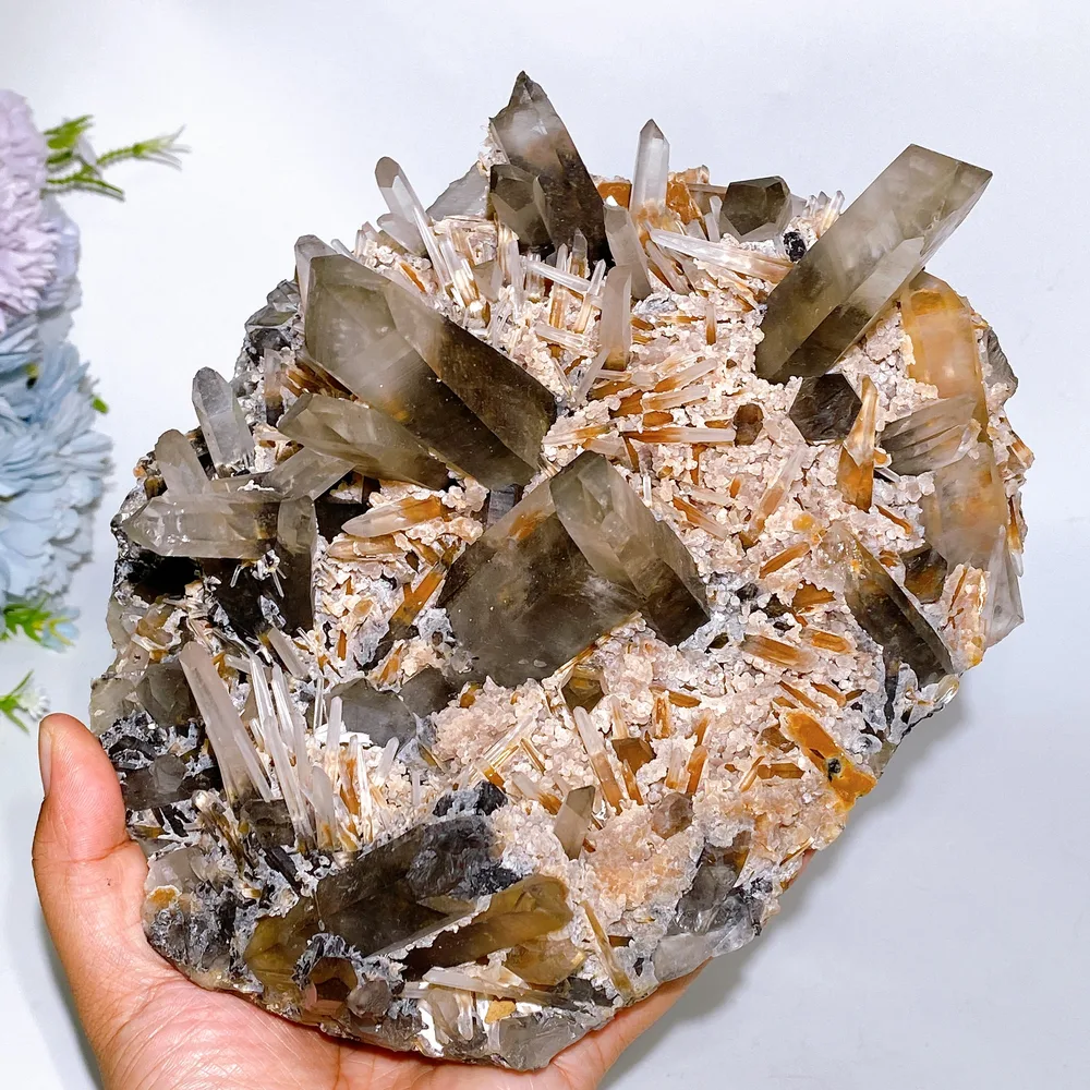 Large Unique Smoky Quartz Grow with Calcite Cluster Specimen with Stand Crystal Healing Bulk Wholesale