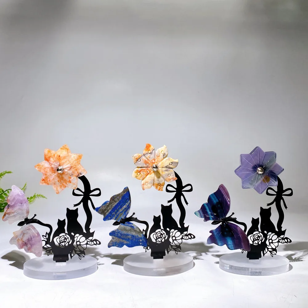 Mixed Crystal Buttterfly & Spinning Flower with Metal Stand Resin Base Free Form Wholesale