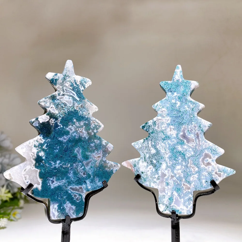 Moss Agate Christmas Tree Carving with Stand Crystal Healing Bulk Wholesale
