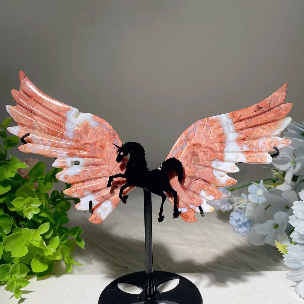 Pink Flower Agate Butterfly Unicorn Wings Carvings with Stand Bulk Wholesale