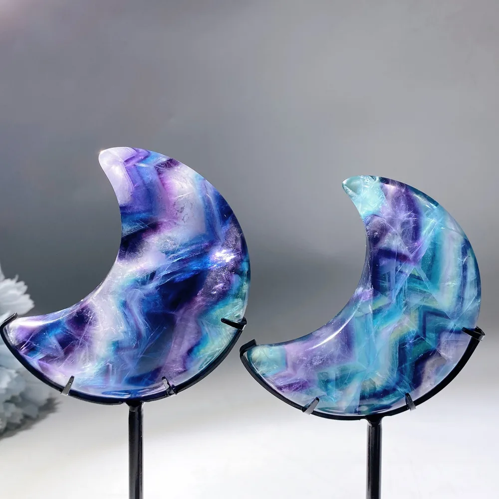 Rainbow Fluorite Moon Carving with Stand Crystal Healing Bulk Wholesale