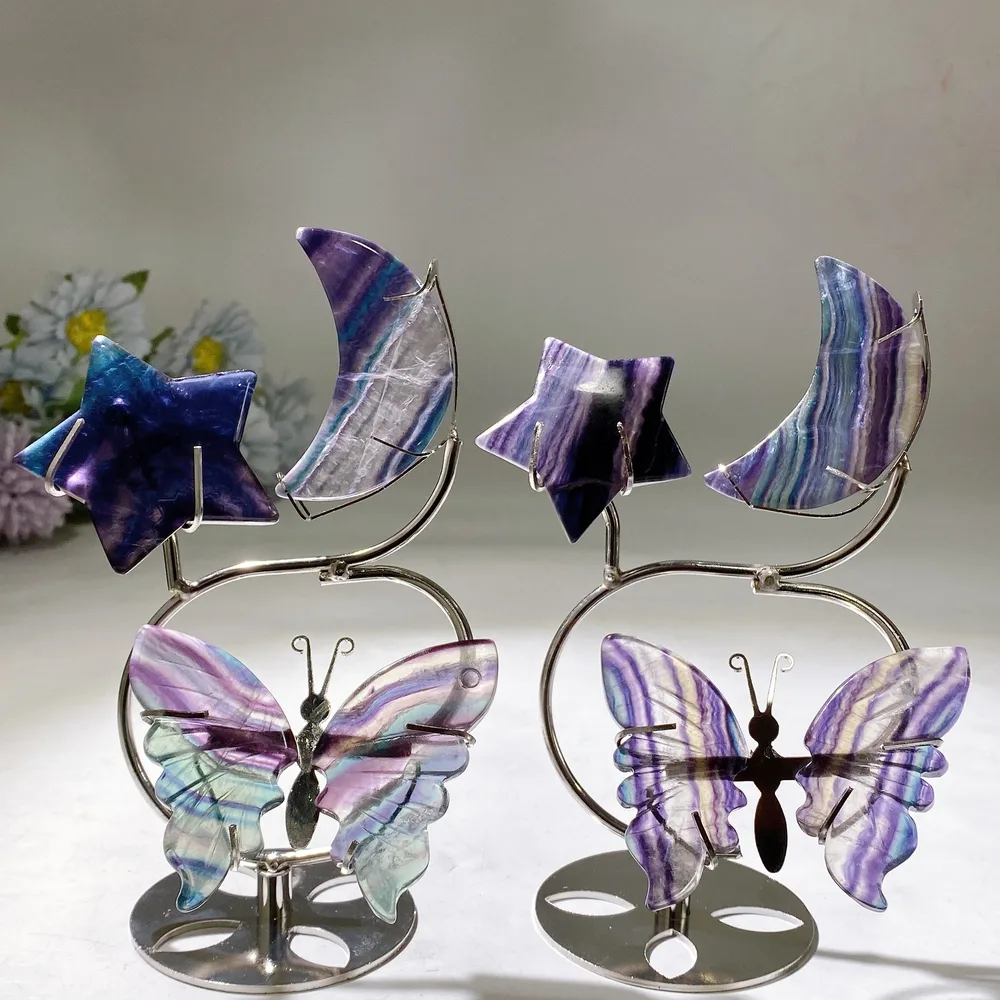 Rainbow Fluorite Moon Star Butterfly Wings Carving with Stand Crystal Healing Bulk Wholesale