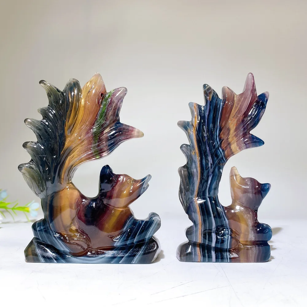 Rainbow Fluorite Nine-tails Fox Carving Crystal Healing Bulk Wholesale