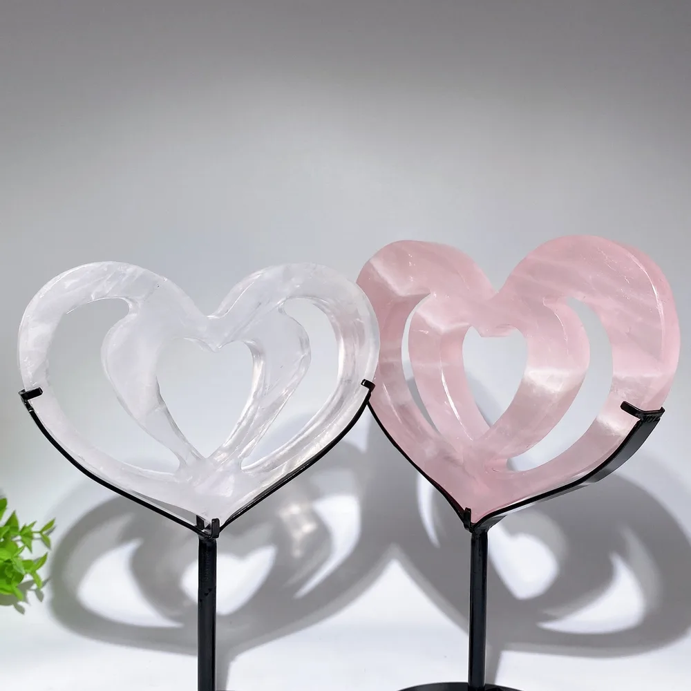 Rose Quartz Clear Quartz Double Heart Carving Crystal Healing Bulk Wholesale