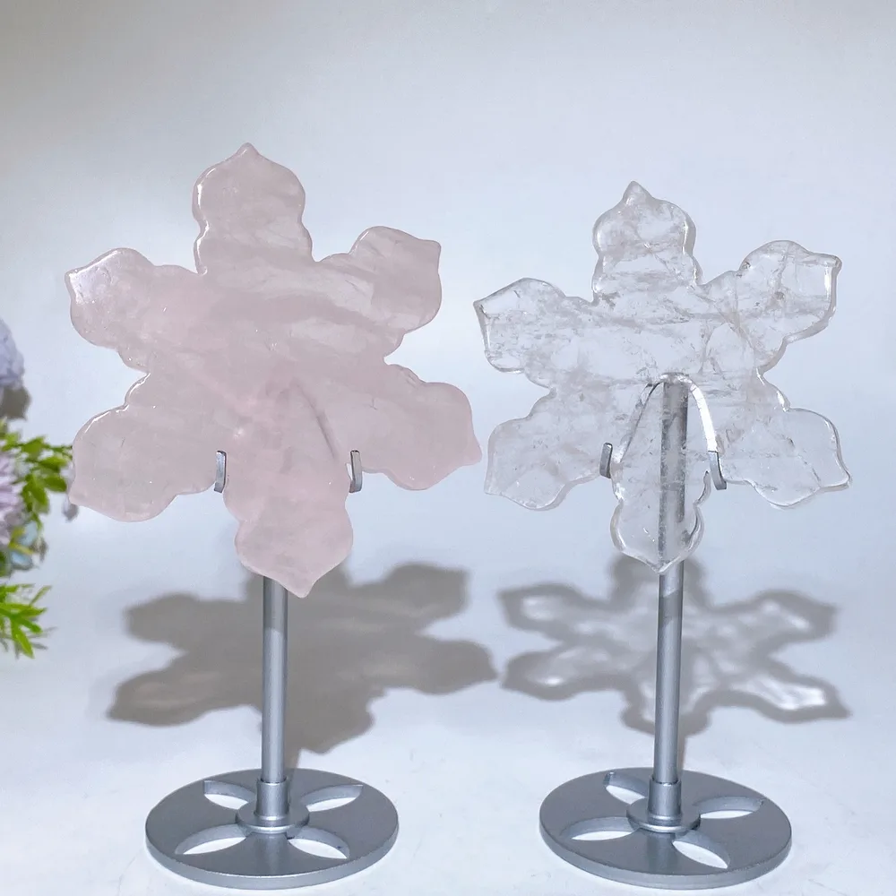 Rose Quartz Clear Quartz Snowflake Carving with Stand Crystal Healing Bulk Wholesale