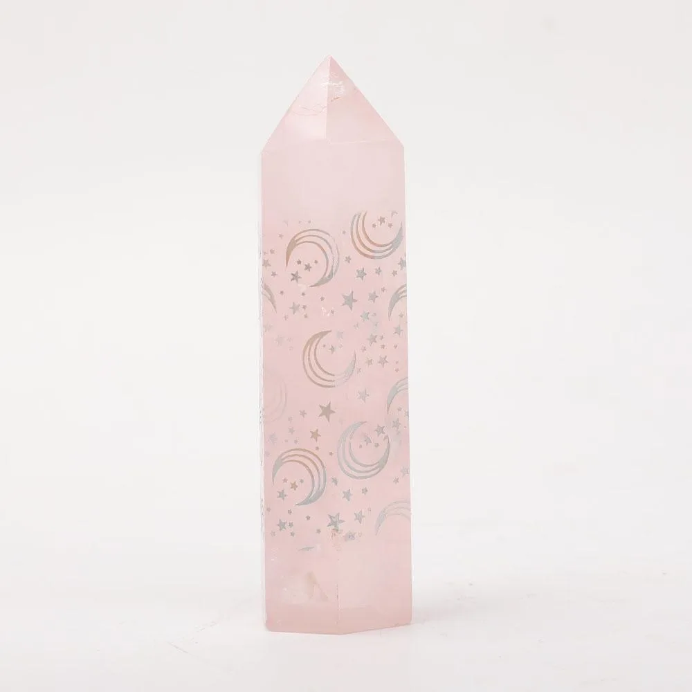 Rose Quartz Towers Points Bulk with Laser Engraved Pattern Best Crystal Wholesalers