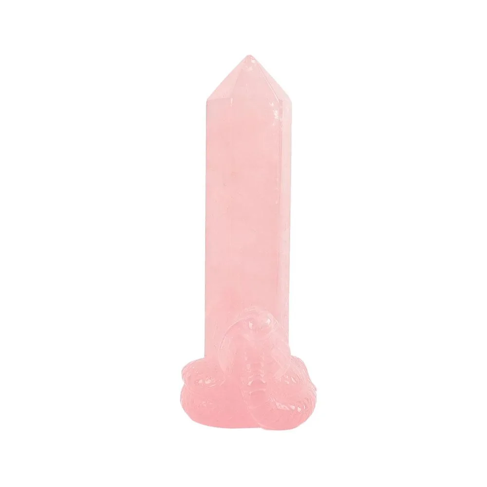 Rose Quartz Tower with Snake Carving Decor Base
