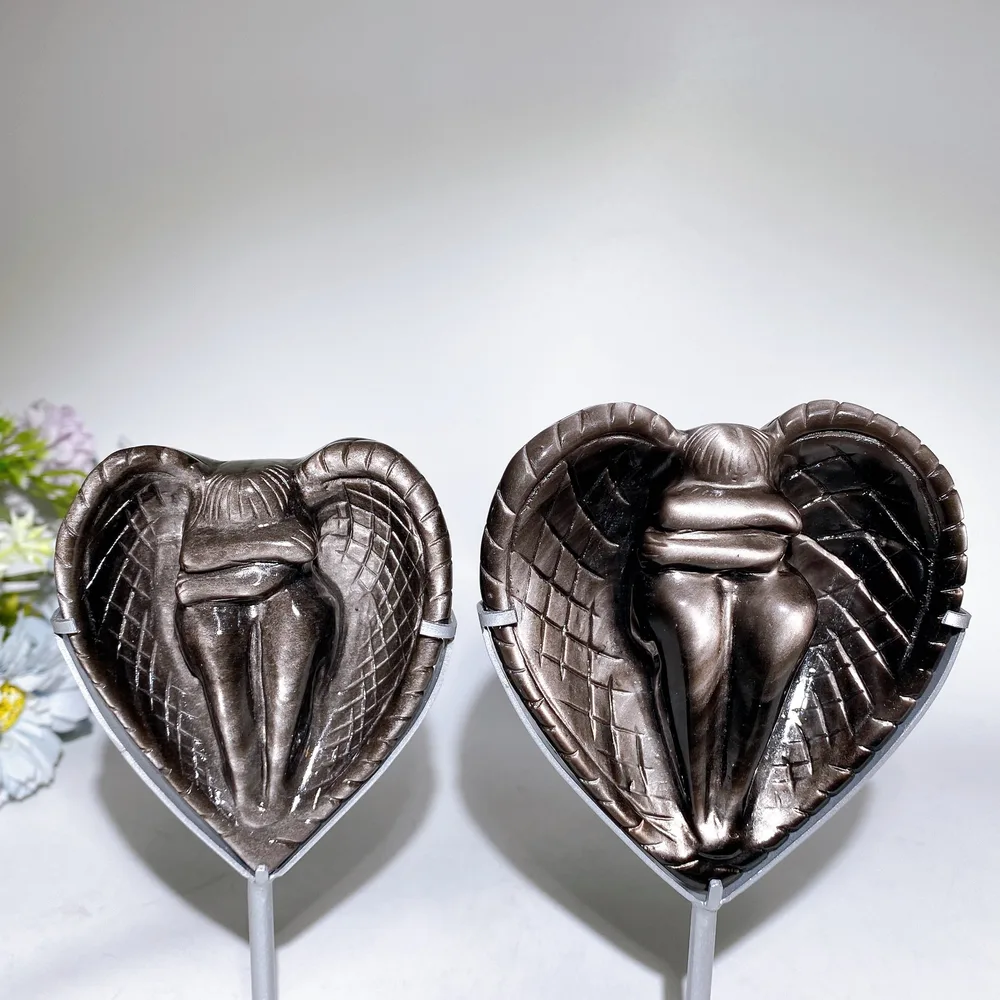 Silver Obsidian Heart Angel Carving with Stand Crystal Healing Bulk Wholesale