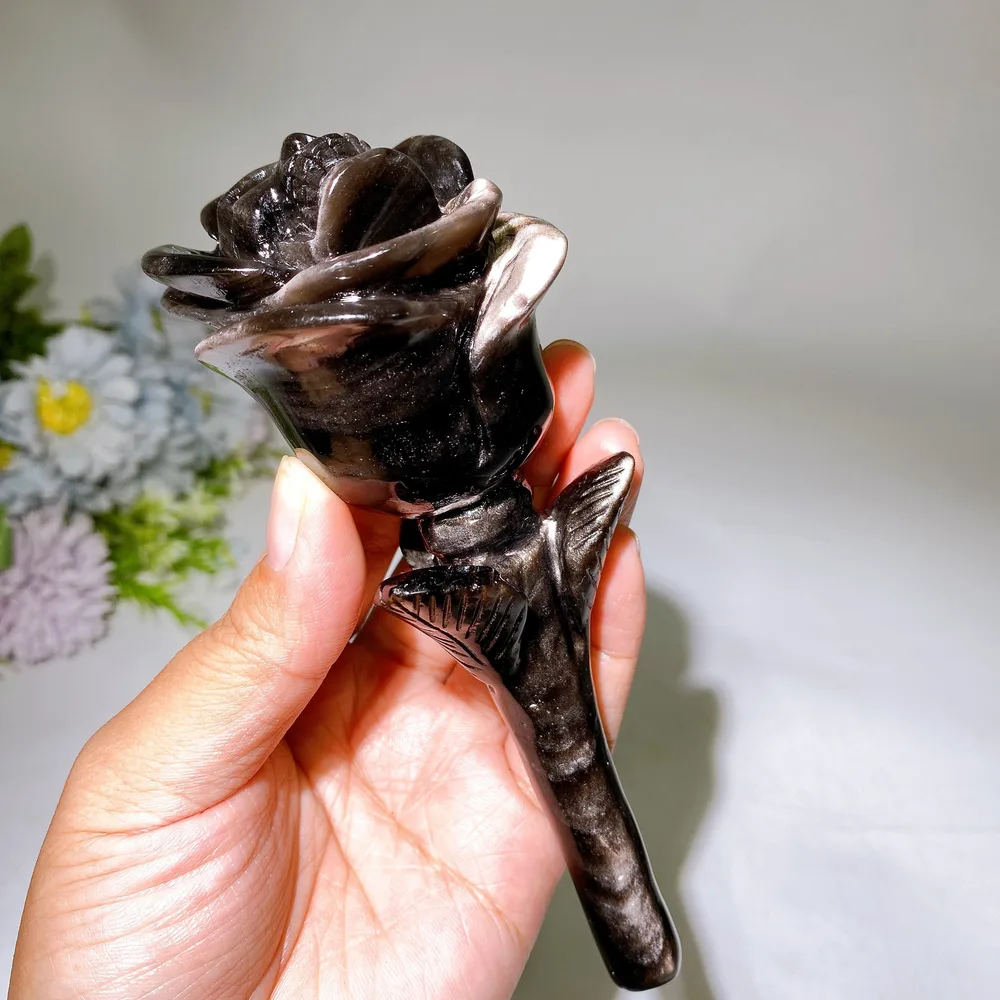 Silver Obsidian Skull Flower Carving with Stand Crystal Healing Bulk Wholesale