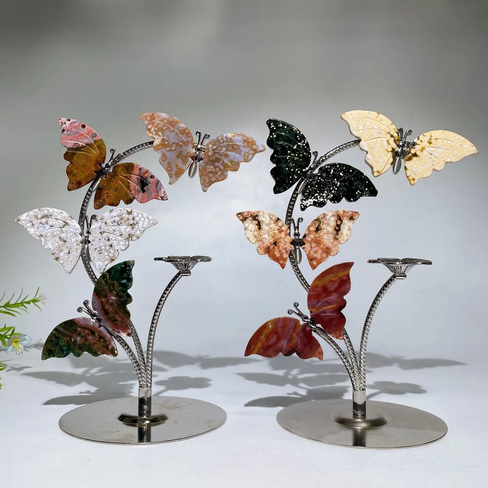Silver Stand with Ocean Jasper Butterfly Carvings Decor Crystal Healing Bulk Wholesale